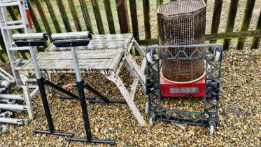 2 X ALUMINIUM ODD JOB WORK PLATFORMS, 2 ADJUSTABLE ROLLER STANDS AND A PROPANE GAS WORKSHOP HEATER.