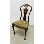A VICTORIAN INLAID BEDROOM CHAIR, THE SEAT COVERED IN NEEDLEWORK,