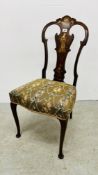 A VICTORIAN INLAID BEDROOM CHAIR, THE SEAT COVERED IN NEEDLEWORK,