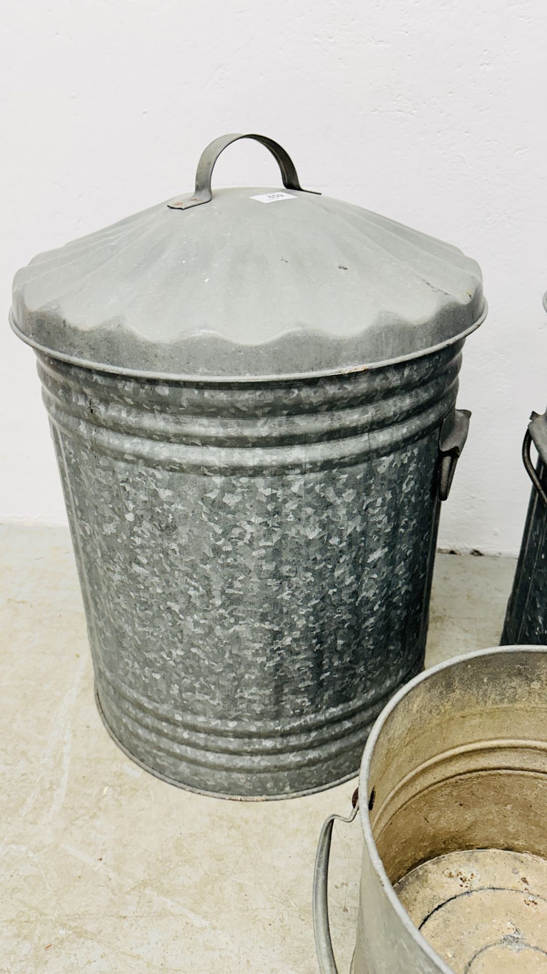 TWO GALVANISED DUSTBINS WITH LIDS AND GALVANISED PALE. - Image 4 of 5