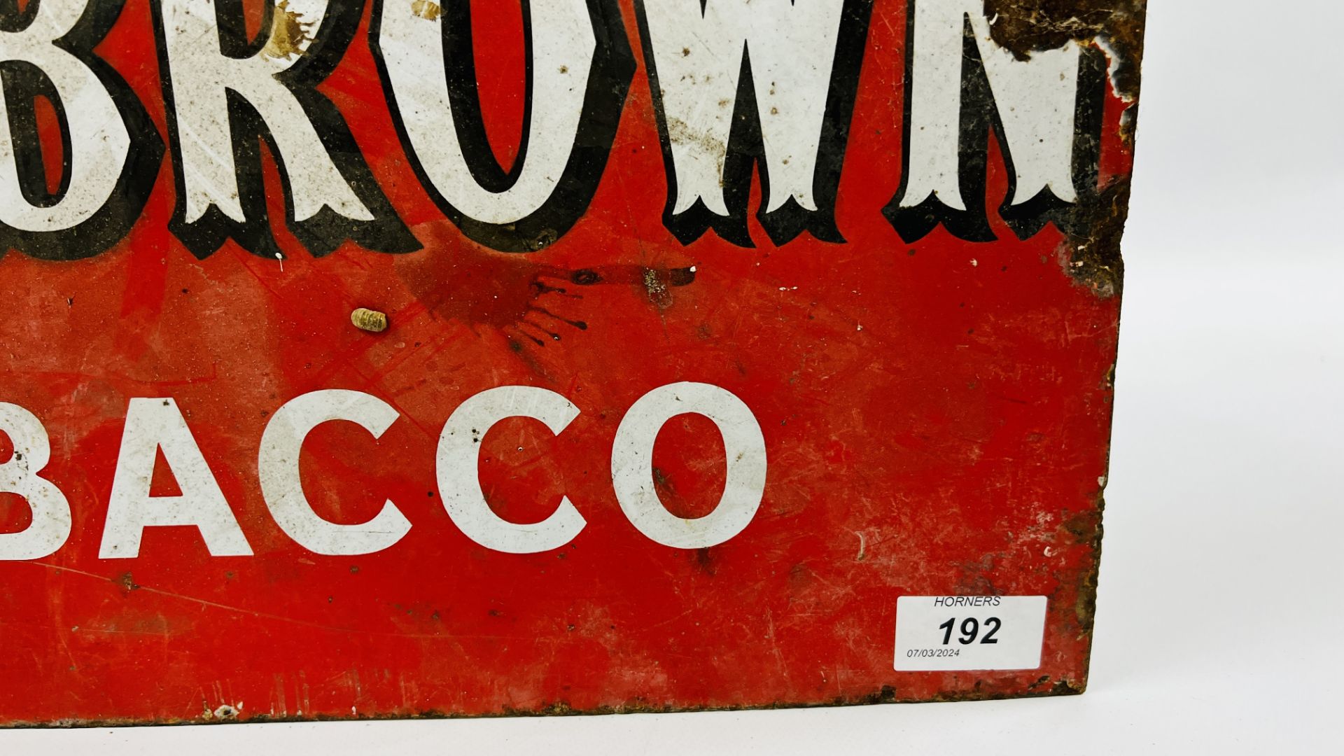 AN ORIGINAL VINTAGE DOUBLE SIDED ENAMEL SIGN "WE SELL NUT BROWN TOBACCO" - W 45 X H 34.5CM. - Image 8 of 14