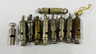 10 VINTAGE WHISTLES TO INCLUDE DOWLER AND SONS LTD, THE CITY POLICE OR FIRE WHISTLE,
