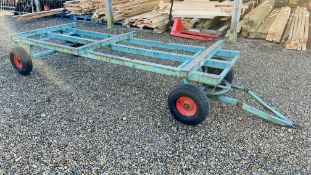 A HEAVY DUTY FOUR WHEEL STEEL FRAMED TIMBER TRUG - LENGTH 3.5M.