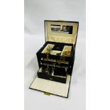 A SELECTION OF COSTUME JEWELLERY IN A LARGE BLACK JEWELLERY BOX.