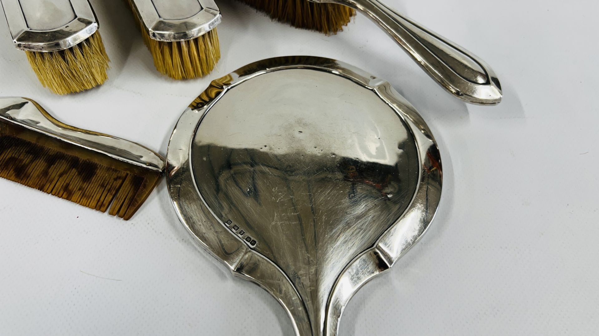 A VINTAGE FIVE PIECE SILVER BACKED DRESSING TABLE SET, - Image 6 of 10