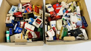 2 X BOXES CONTAINING AN EXTENSIVE COLLECTION OF ASSORTED EMPTY CIGARETTE BOXES TO INCLUDE EXAMPLES