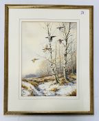 AN ORIGINAL WATERCOLOUR OF PHEASANTS FLYING THROUGH A WINTER WOODLAND BEARING SIGNATURE S.T.