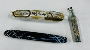 A SAILOR'S GLASS LOVE TOKEN ROLLING PIN ALONG WITH A FURTHER C19TH ANCHOR BY NAILSEA AND A FOLK ART