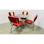 REPRODUCTION RETRO STYLE ALUMINIUM PEDESTAL DINING TABLE AND FOUR RED/CREAM UPHOLSTERED CHROME