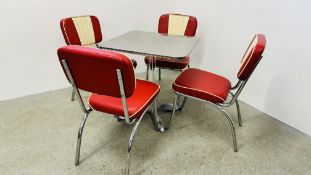 REPRODUCTION RETRO STYLE ALUMINIUM PEDESTAL DINING TABLE AND FOUR RED/CREAM UPHOLSTERED CHROME