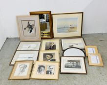 A GROUP OF MIXED ORIGINAL ART WORKS AND PRINTS TO INCLUDE TWO JASON PARTNER WATERCOLOURS, PORTRAITS,