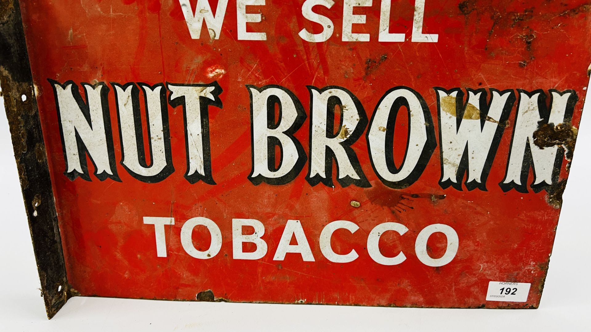 AN ORIGINAL VINTAGE DOUBLE SIDED ENAMEL SIGN "WE SELL NUT BROWN TOBACCO" - W 45 X H 34.5CM. - Image 3 of 14