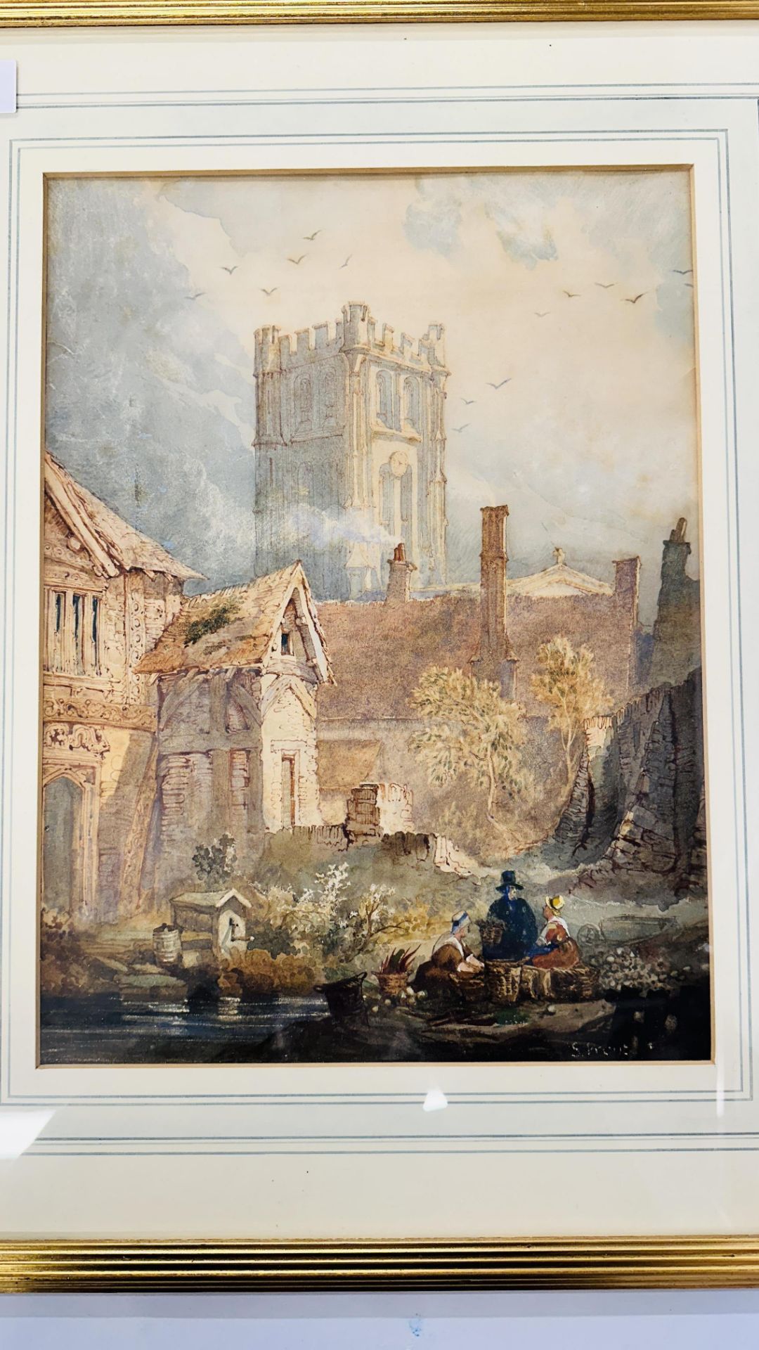 A FRAMED AND MOUNTED WATERCOLOUR "CHURCH SCENE" BEARING SIGNATURE S. PROUT H 34CM X W 25CM. - Image 2 of 5