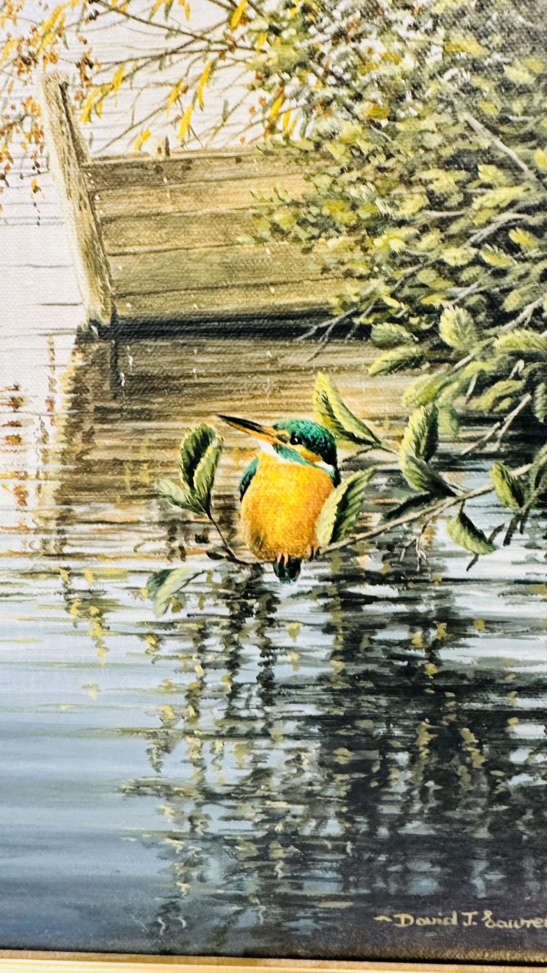 OIL ON CANVAS "KINGFISHER" BEARING SIGNATURE DAVID J LAWRENCE 27CM X 34.5CM IN GILT FRAME. - Image 4 of 6