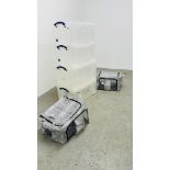 4 X LARGE PLASTIC REALLY USEFUL STORAGE BOXES (2 X 48L & 2 X 64L) ALONG WITH TWO FOLDING CANVAS