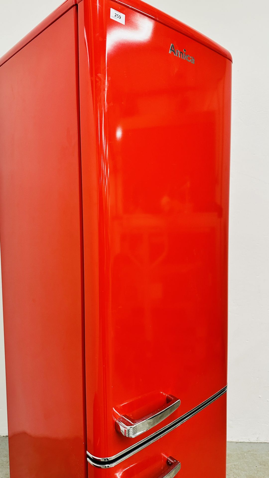 RETRO STYLE AMICA RED FINISH FRIDGE FREEZER + RED PEDAL BIN - SOLD AS SEEN. - Image 6 of 10