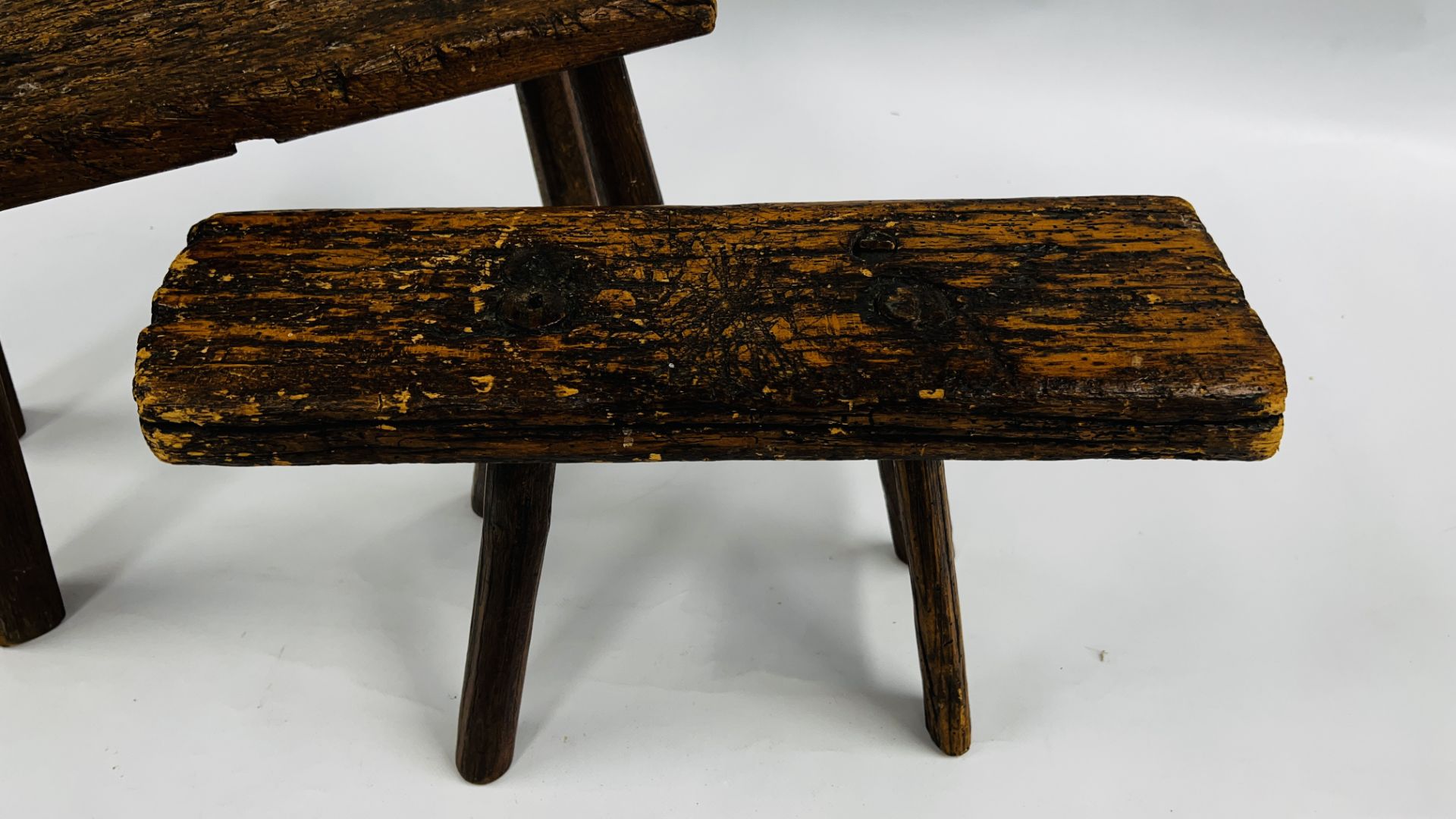 TWO VINTAGE HANDCRAFTED HARDWOOD LOW/MILKING STOOLS (SIGNS OF PREVIOUS WOODWORM). - Image 2 of 8