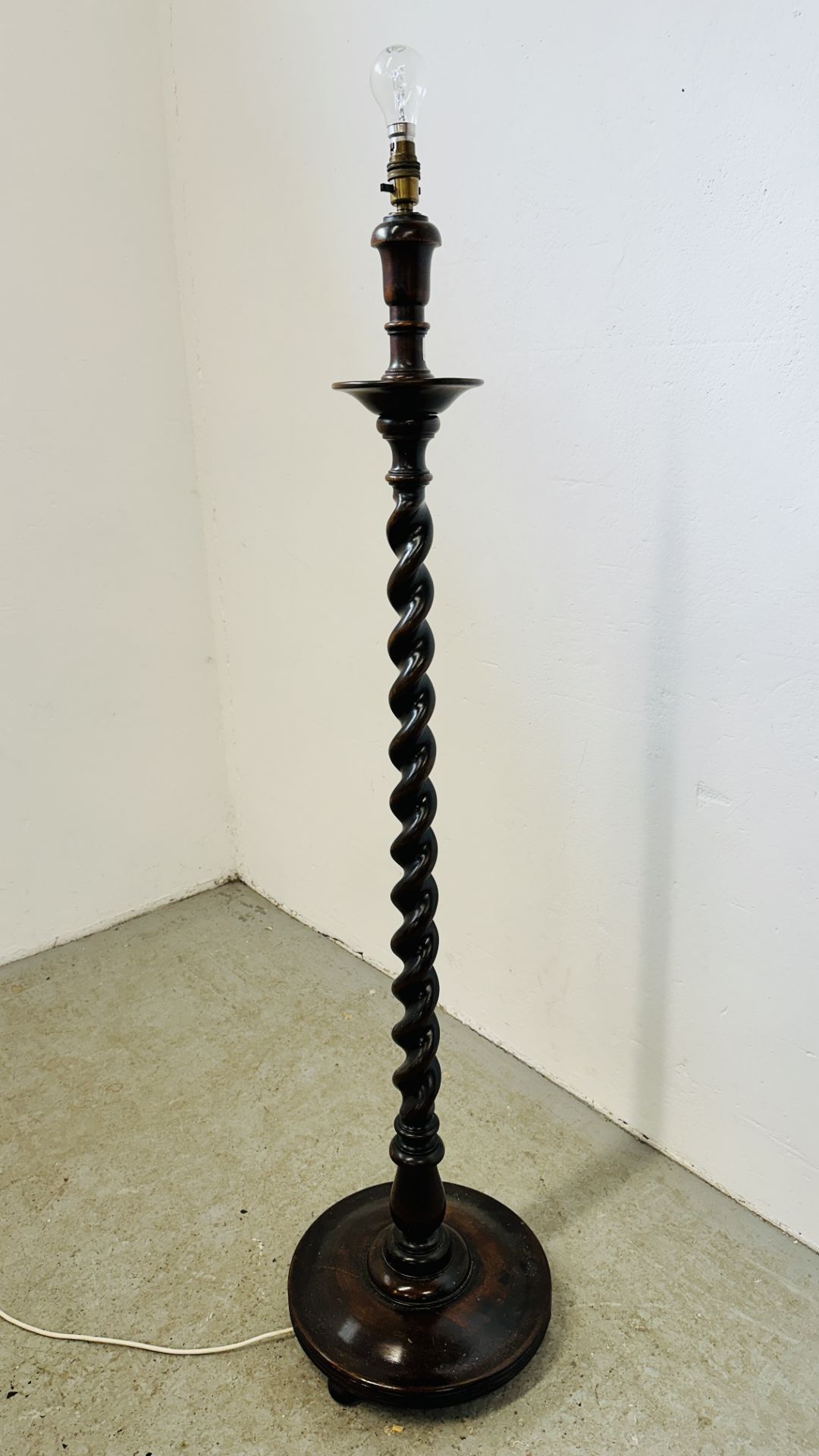 ANTIQUE BARLEY TWIST STANDARD LAMP (WIRE REMOVED) - SOLD AS SEEN.