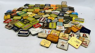 A BOX CONTAINING AN EXTENSIVE COLLECTION OF ASSORTED EMPTY VINTAGE TOBACCO TINS TO INCLUDE EXAMPLES