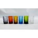 6 COLOURED WHITE FRIARS STYLE GLASSES, H 14CM.