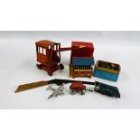 7 VINTAGE TOYS TO INCLUDE TIN PLATE, HORNBY SIGNAL CABIN WITH ORIGINAL BOX, CRANE,