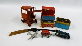 7 VINTAGE TOYS TO INCLUDE TIN PLATE, HORNBY SIGNAL CABIN WITH ORIGINAL BOX, CRANE,