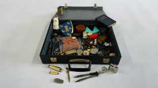 A CASE CONTAINING COLLECTIBLES TO INCLUDE LIGHTERS, COMPASS SHIELD, SINGAPORE MONEY CLIP,
