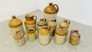 11 X ANTIQUE STONE WARE FLAGON'S AND STORAGE JARS INCLUDING JAMES CHAPMAN NORTH WALSHAM,