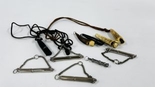 A COLLECTION OF 10 ASSORTED DOG WHISTLES TO INCLUDE HORN EXAMPLES.
