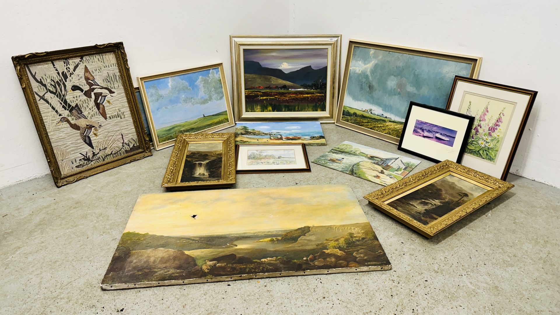 A COLLECTION OF THIRTEEN VARIOUS PRINTS PICTURES TO INCLUDE 4 X OIL ON BOARD LANDSCAPES BEARING