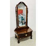 A GOOD QUALITY REPRODUCTION DRESSING MIRROR ON SINGLE DRAWER BASE - HEIGHT 163CM.