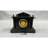 A SLATE MANTEL TIMEPIECE, THE CLOCK CASE EMBELLISHED WITH FIGURES, ANIMALS AND COLUMN DETAIL,