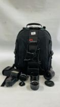 A LOWEPRO CAMERA BACK ALONG WITH CANON H0YA 77MM SKLIGHT LENS, 20-35 ULTRA SONIC, COSINA MACRO LENS,