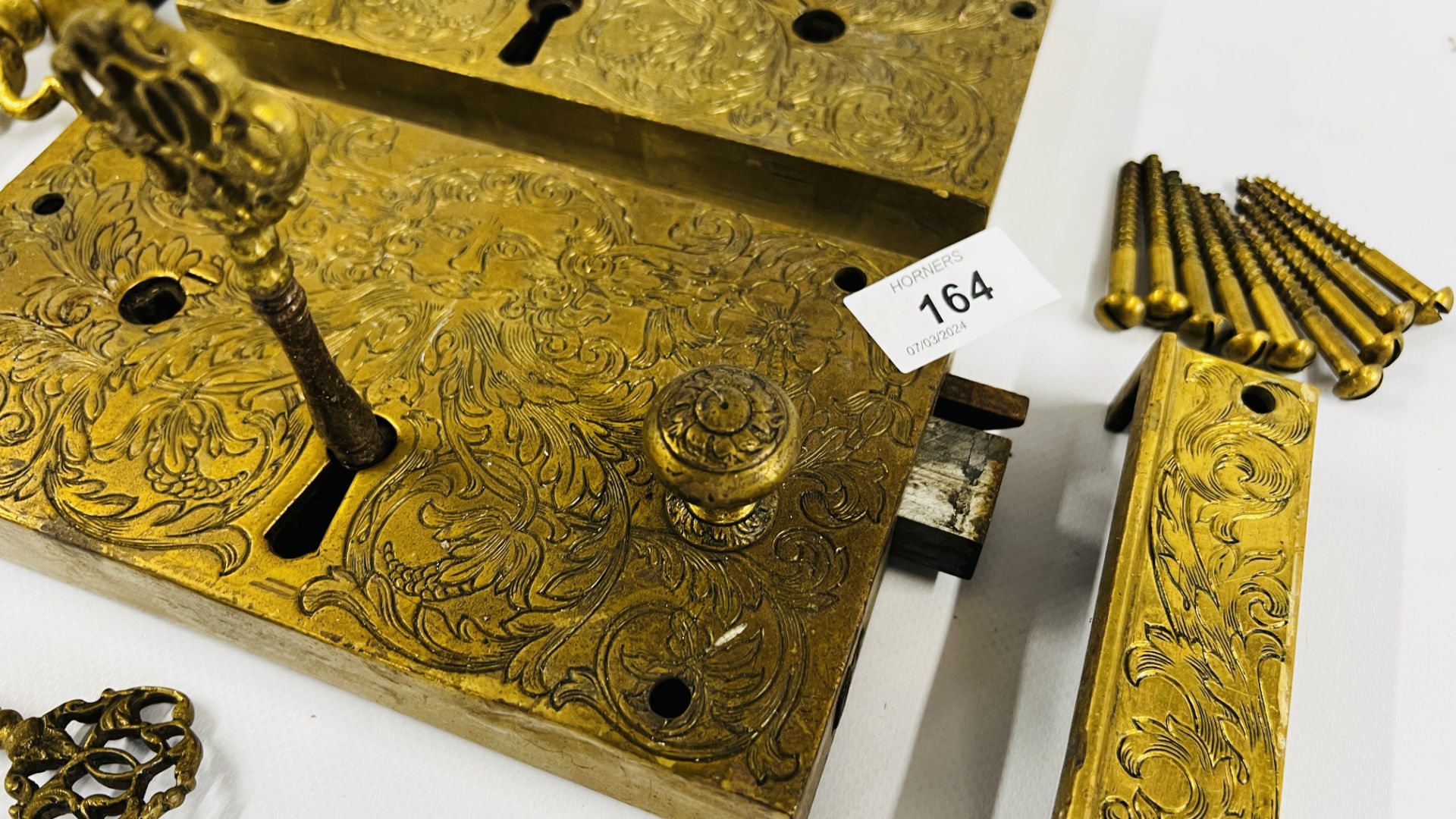 A PAIR OF ELABORATE ANTIQUE SOLID BRASS DOOR LOCKS PROBABLY C18th RETAINING THE ORIGINAL KEYS, - Image 8 of 12