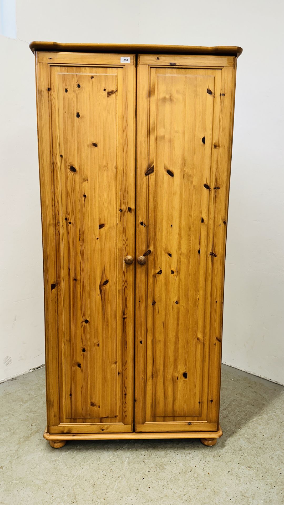 MODERN HONEY PINE TWO DOOR WARDROBE - W 85CM X D 53CM X H 179CM.