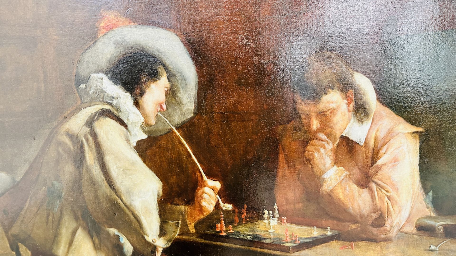 A REPRODUCTION OIL ON CANVAS OF DUTCH INTERIOR SCENE OF SEATED FIGURES PLAYING CHESS 65 X 100CM. - Image 3 of 5