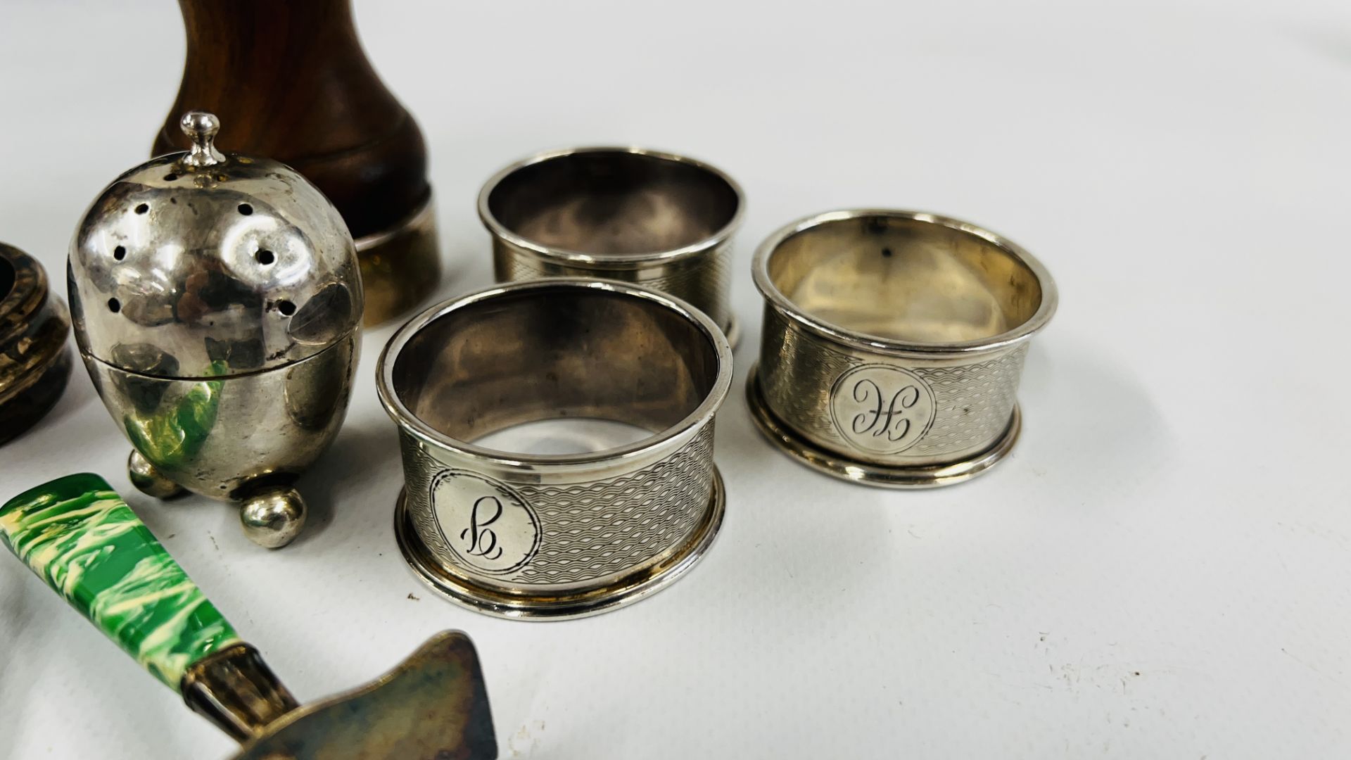 A GROUP OF THREE SILVER NAPKIN RINGS OF ENGINE TURNED DESIGN BEARING MONOGRAM, - Image 2 of 11