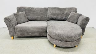 GOOD QUALITY DFS CORNER SOFA UPHOLSTERED IN CHARCOAL GREY.