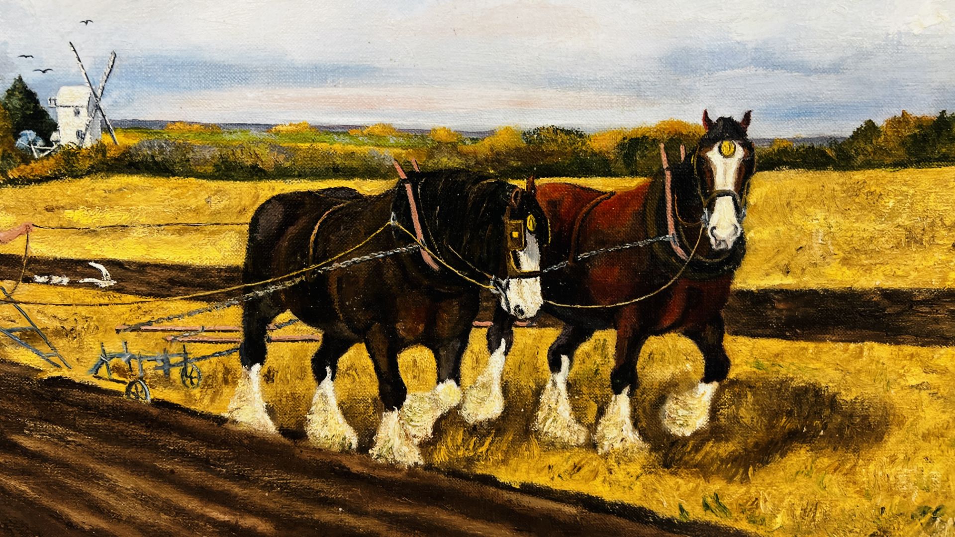 OIL ON CANVAS "AUTUMN PLOUGHING BECCLES ROAD HOTTON" BEARING SIGNATURE JOHN MUNNINGS - 60CM X 40CM. - Image 3 of 9