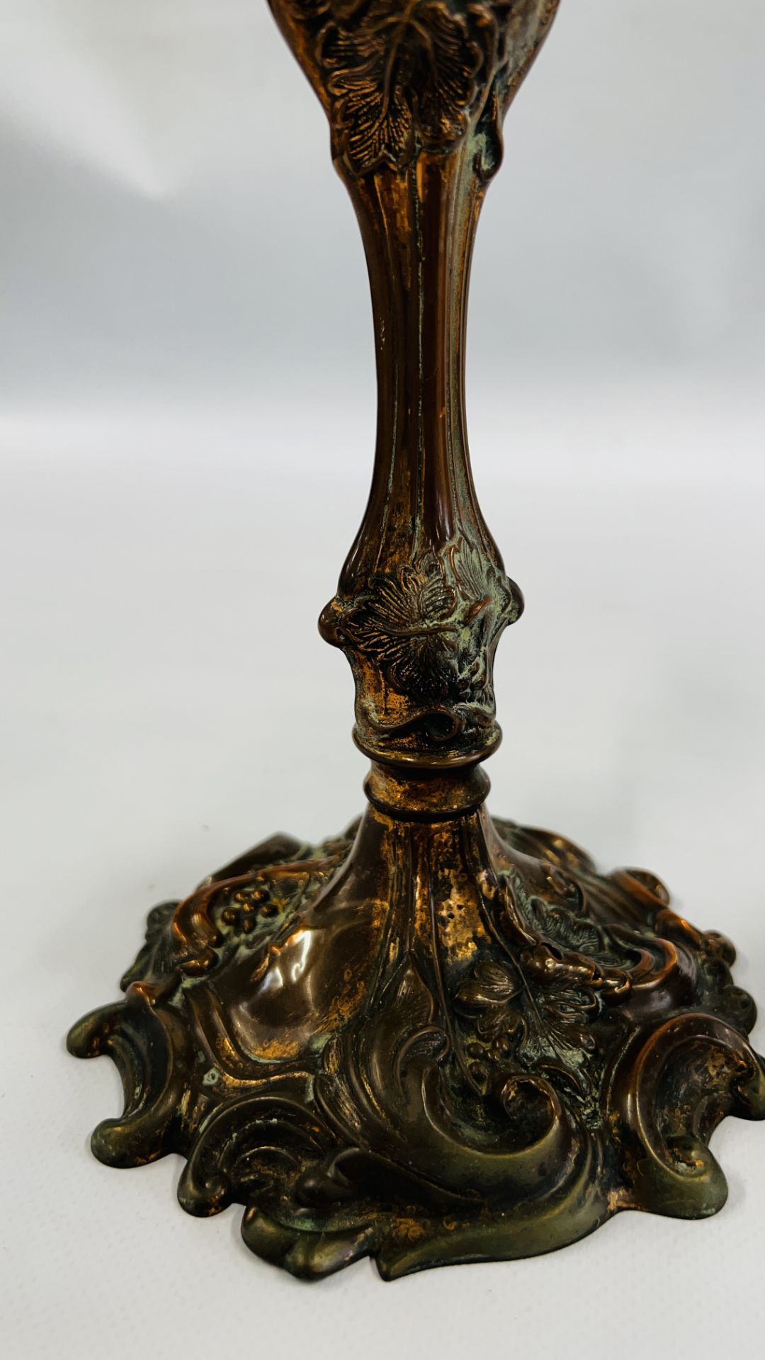 A PAIR OF ORNATE C19TH COPPER CANDLESTICKS WITH DETACHABLE SCONCES - HEIGHT 27CM. - Image 5 of 20