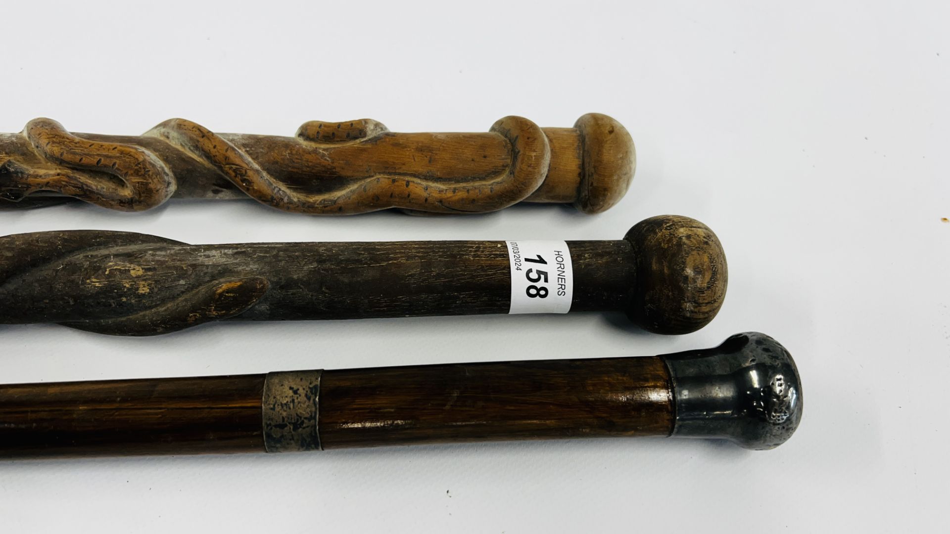 TWO C19th CARVED WALKING STICKS ONE OF SNAKE DESIGN + A VINTAGE SILVER TOP WALKING CANE. - Image 2 of 5