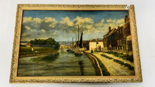 OIL ON BOARD PAINTING BY WILLIAM FREDERICK AUSTIN, THE RIVER WENSUM IN NORWICH,