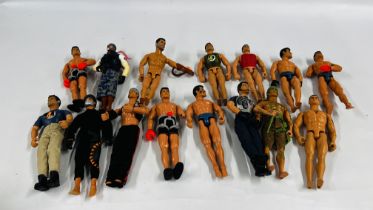 A BOX CONTAINING A GROUP OF 15 ASSORTED ACTION MAN FIGURES IN VARIOUS OUTFITS.