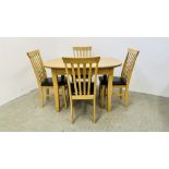 MODERN BEECHWOOD FINISH DINING TABLE AND SET OF 4 MATCHING CHAIRS WITH FAUX LEATHER SEATS.