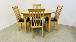 MODERN BEECHWOOD FINISH DINING TABLE AND SET OF 4 MATCHING CHAIRS WITH FAUX LEATHER SEATS.