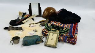 A GROUP OF VINTAGE ITEMS TO INCLUDE VINTAGE FANS, GLOVES, FRAMES, PICTURES ON SILK, HAT ETC.