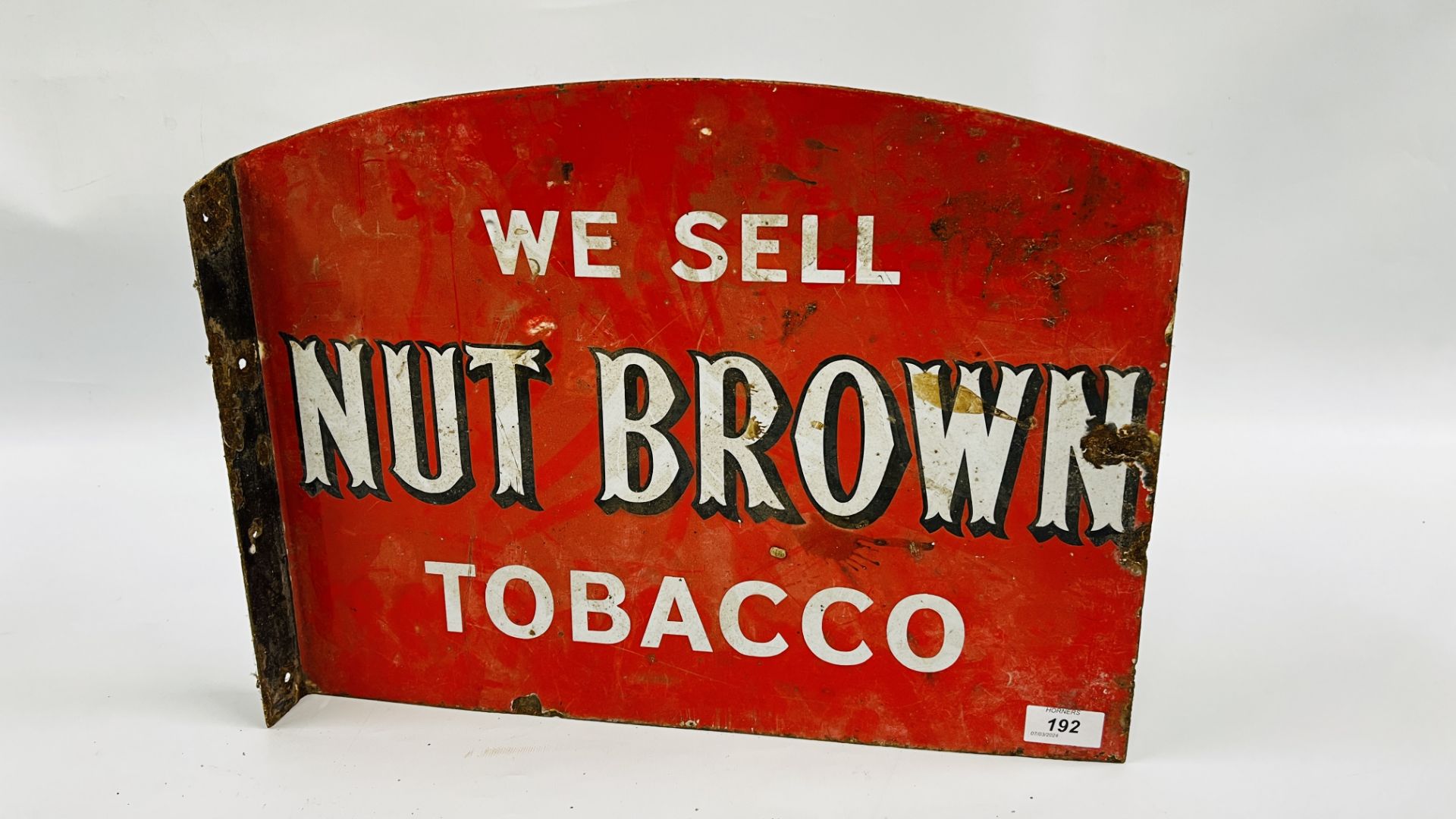 AN ORIGINAL VINTAGE DOUBLE SIDED ENAMEL SIGN "WE SELL NUT BROWN TOBACCO" - W 45 X H 34.5CM.