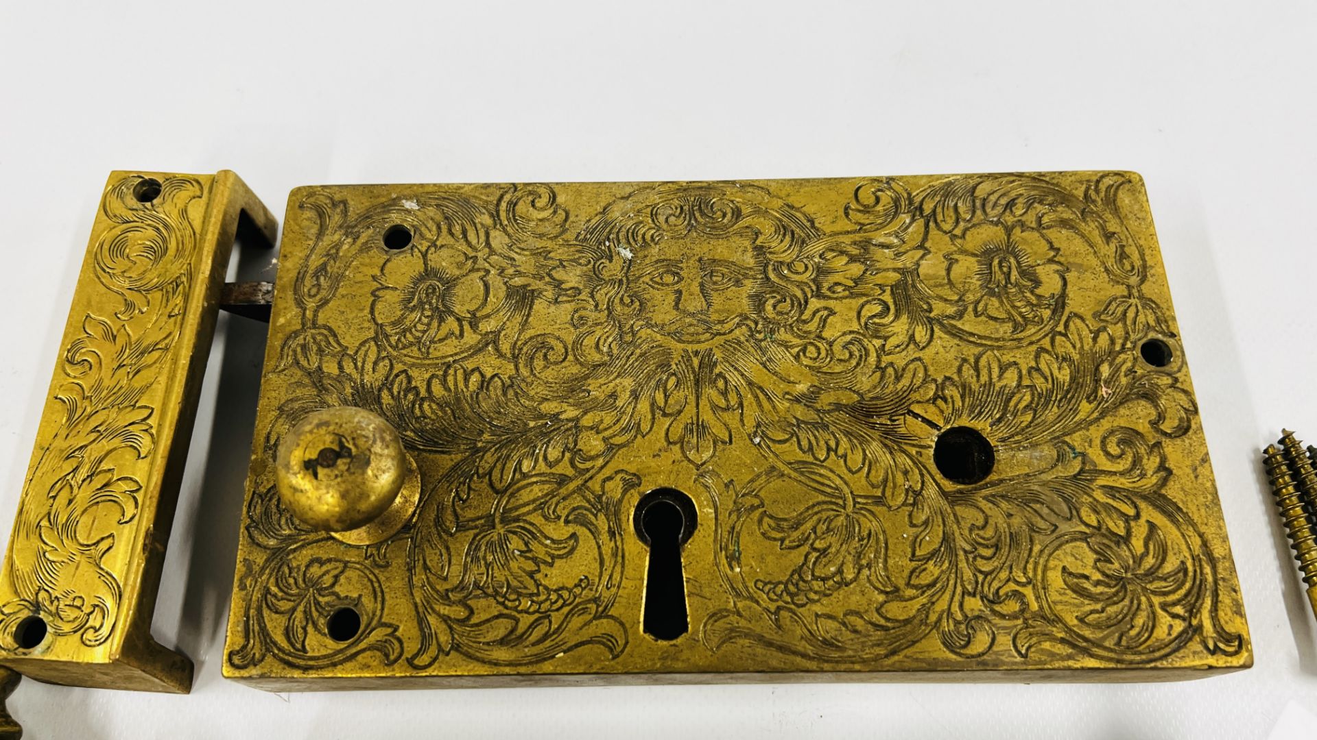 A PAIR OF ELABORATE ANTIQUE SOLID BRASS DOOR LOCKS PROBABLY C18th RETAINING THE ORIGINAL KEYS, - Image 3 of 12