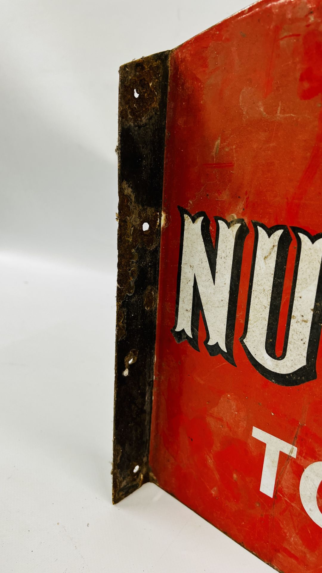 AN ORIGINAL VINTAGE DOUBLE SIDED ENAMEL SIGN "WE SELL NUT BROWN TOBACCO" - W 45 X H 34.5CM. - Image 6 of 14