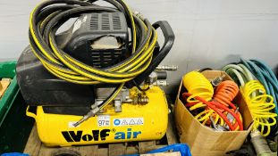 WOLF AIR COMPRESSOR WITH AIRLINE & ACCESSORIES - SOLD AS SEEN.